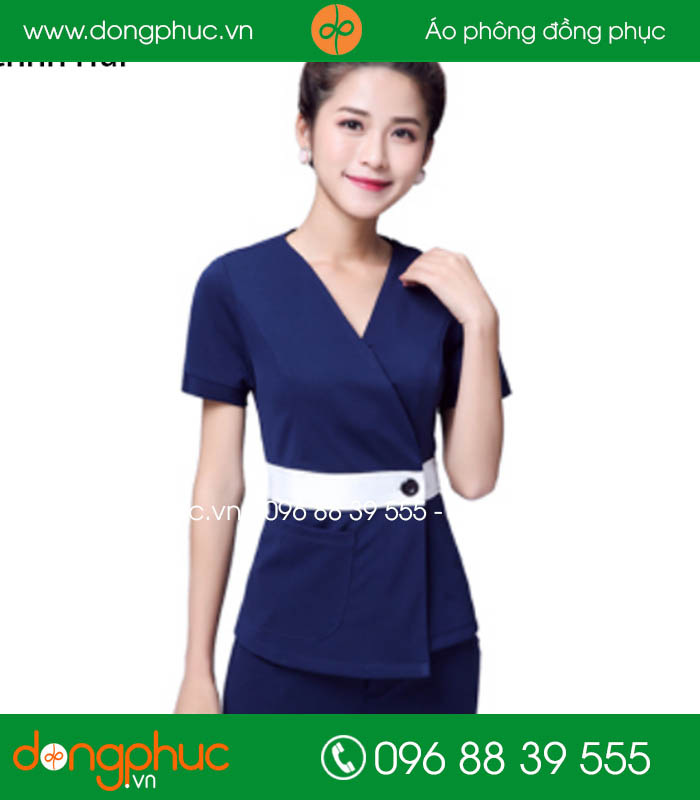 Đồng phục spa màu tím than cổ trắng